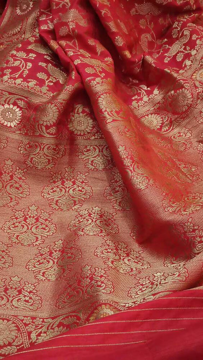 RED PEACOCK FLORAL JAAL BANARASI SEMI SILK SAREE