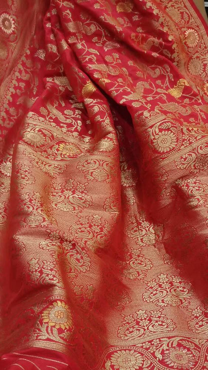 RED PEACOCK FLORAL JAAL BANARASI SEMI SILK SAREE