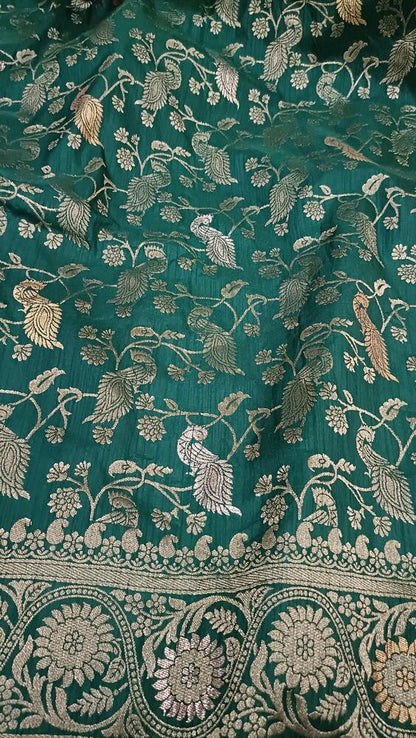 GREEN PEACOCK FLORAL JAAL BANARASI SEMI SILK SAREE