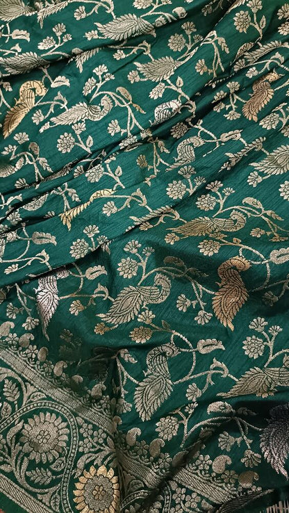 GREEN PEACOCK FLORAL JAAL BANARASI SEMI SILK SAREE