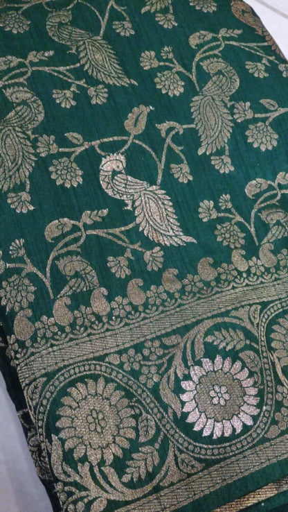 GREEN PEACOCK FLORAL JAAL BANARASI SEMI SILK SAREE