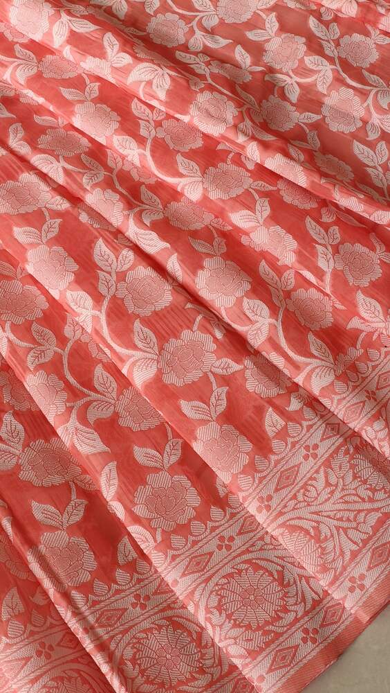 ORANGE FLORAL BANARASI COTTON WEAVE SAREE