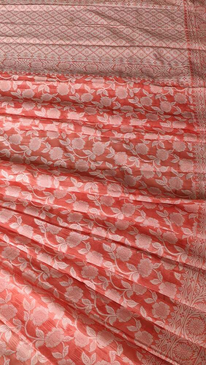 ORANGE FLORAL BANARASI COTTON WEAVE SAREE