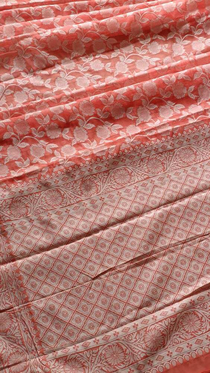 ORANGE FLORAL BANARASI COTTON WEAVE SAREE