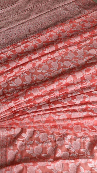 ORANGE FLORAL BANARASI COTTON WEAVE SAREE