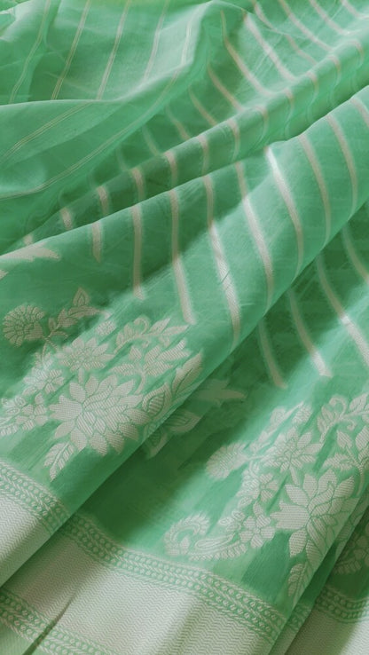 PISTA GREEN LEHARIYA BANARASI COTTON WEAVE SAREE