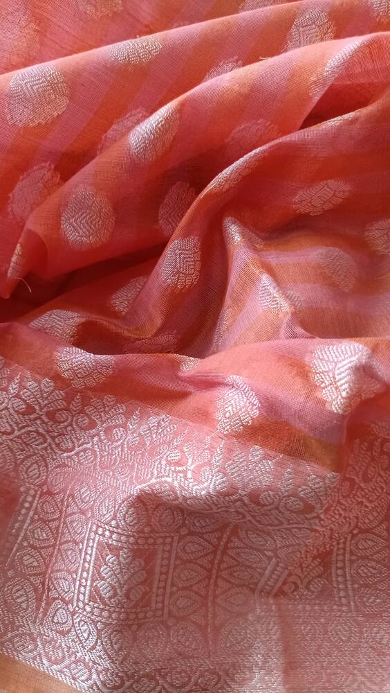 PEACH BUTTA BUTI COTTON WEAVE BANARASI SAREE