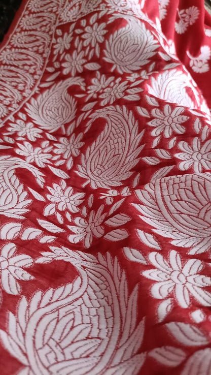 RED FLORAL BANARASI COTTON WEAVE SAREE