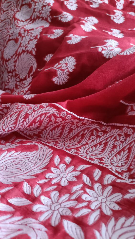 RED FLORAL BANARASI COTTON WEAVE SAREE