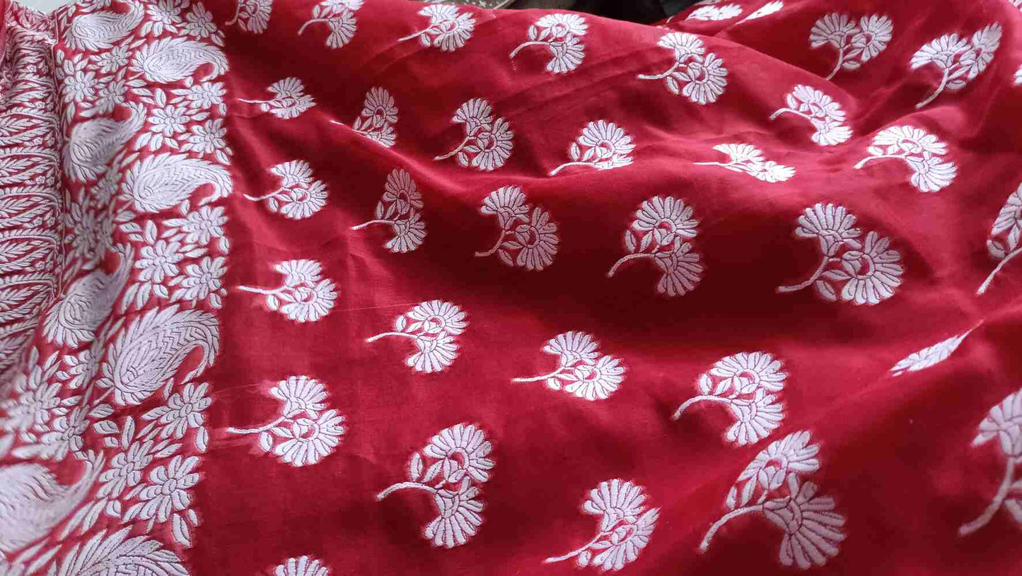 RED FLORAL BANARASI COTTON WEAVE SAREE