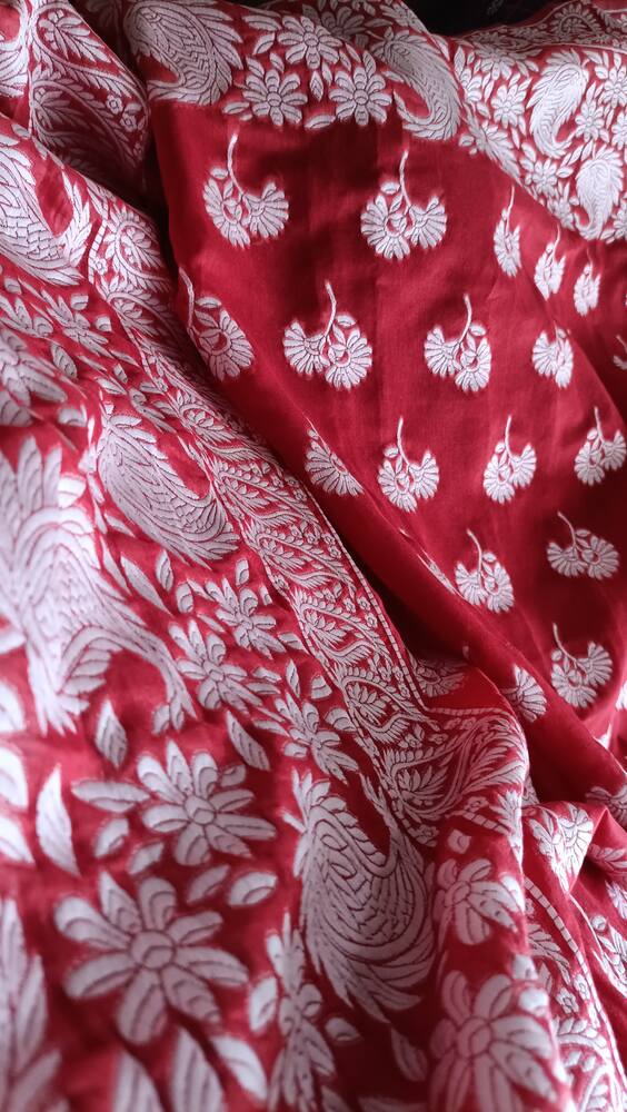 RED FLORAL BANARASI COTTON WEAVE SAREE