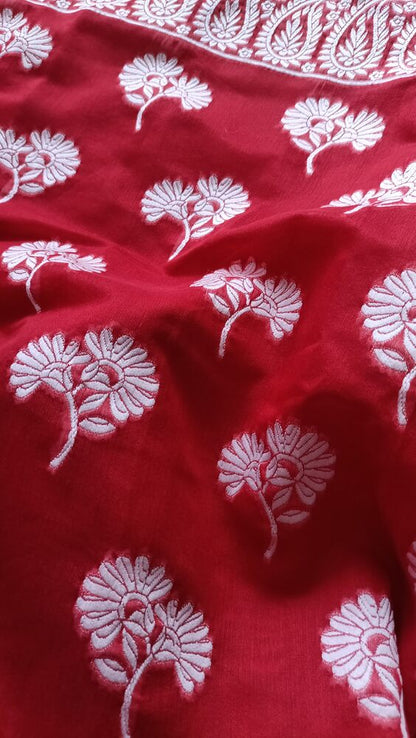 RED FLORAL BANARASI COTTON WEAVE SAREE