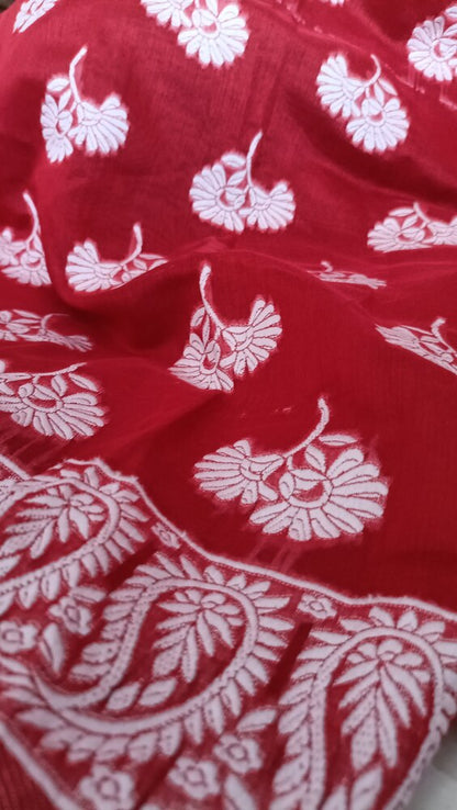 RED FLORAL BANARASI COTTON WEAVE SAREE