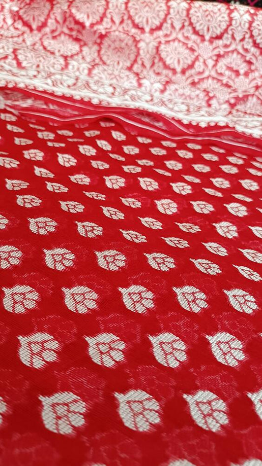 RED BUTTA BUTI COTTON WEAVE BANARASI SAREE