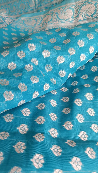 SKY BLUE BUTTA BUTI COTTON WEAVE BANARASI SAREE