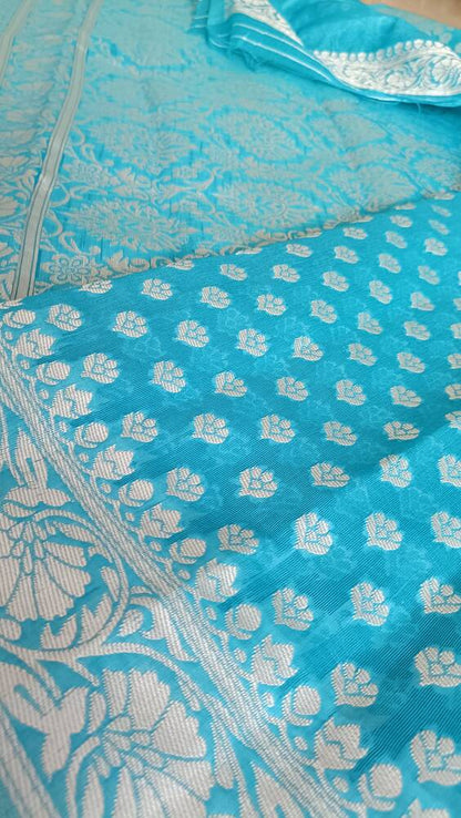 SKY BLUE BUTTA BUTI COTTON WEAVE BANARASI SAREE