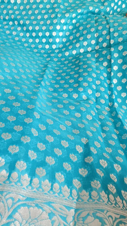 SKY BLUE BUTTA BUTI COTTON WEAVE BANARASI SAREE