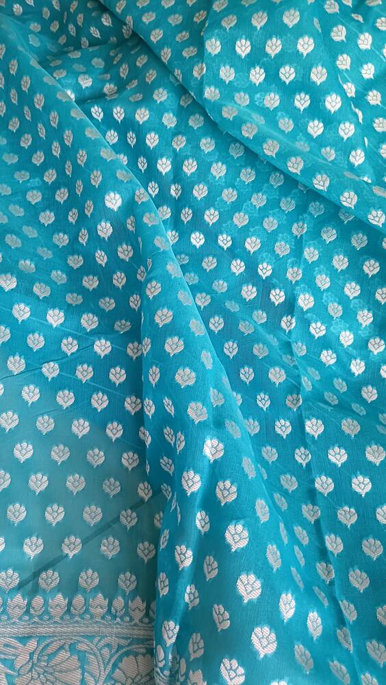 SKY BLUE BUTTA BUTI COTTON WEAVE BANARASI SAREE