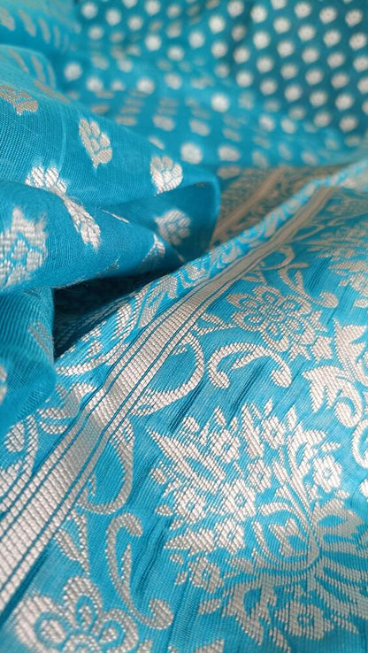 SKY BLUE BUTTA BUTI COTTON WEAVE BANARASI SAREE