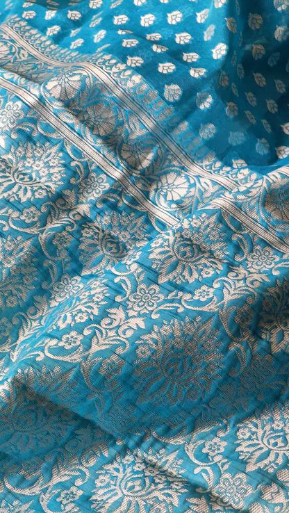 SKY BLUE BUTTA BUTI COTTON WEAVE BANARASI SAREE