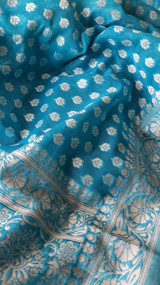 SKY BLUE BUTTA BUTI COTTON WEAVE BANARASI SAREE