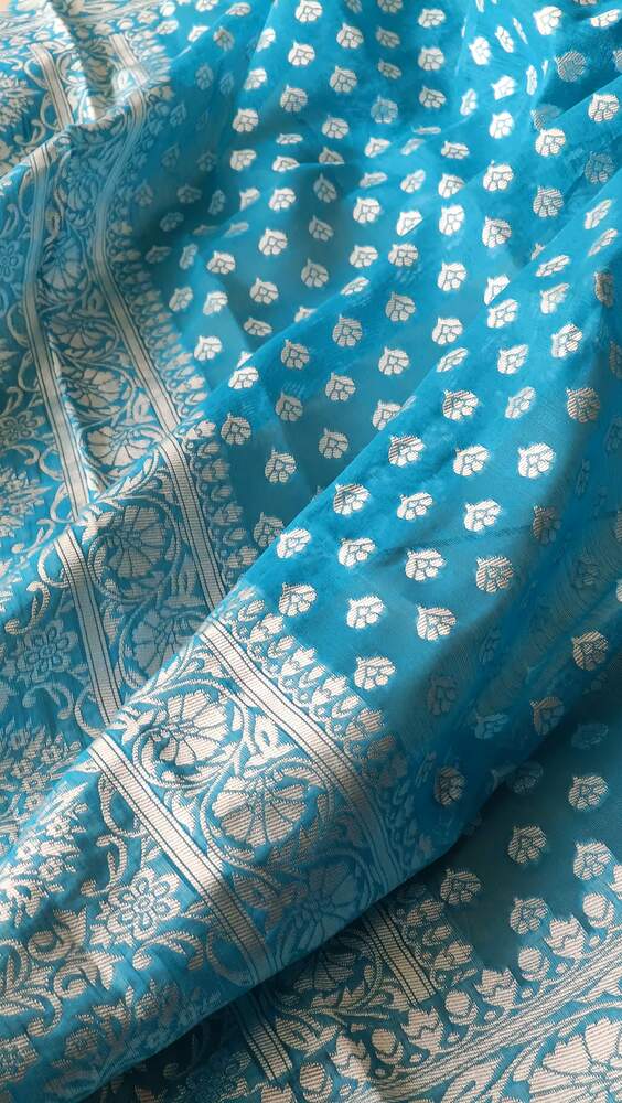 SKY BLUE BUTTA BUTI COTTON WEAVE BANARASI SAREE