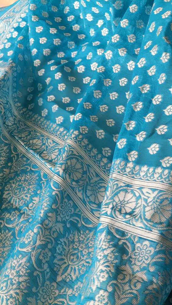 SKY BLUE BUTTA BUTI COTTON WEAVE BANARASI SAREE