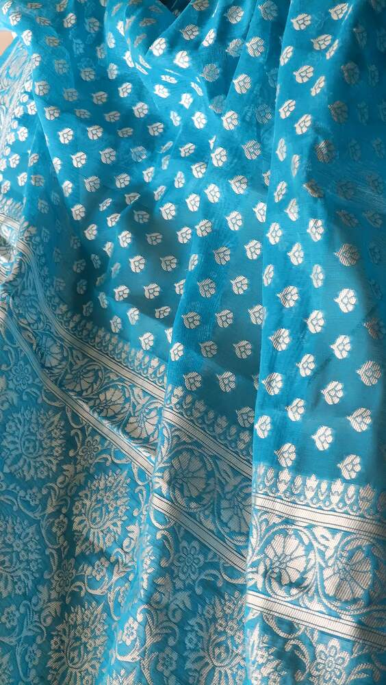 SKY BLUE BUTTA BUTI COTTON WEAVE BANARASI SAREE