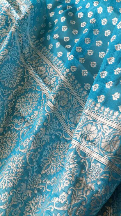 SKY BLUE BUTTA BUTI COTTON WEAVE BANARASI SAREE