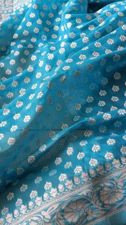 SKY BLUE BUTTA BUTI COTTON WEAVE BANARASI SAREE