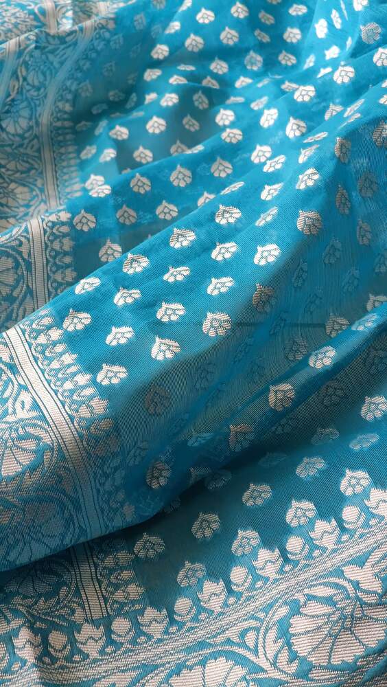 SKY BLUE BUTTA BUTI COTTON WEAVE BANARASI SAREE