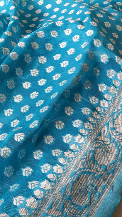 SKY BLUE BUTTA BUTI COTTON WEAVE BANARASI SAREE