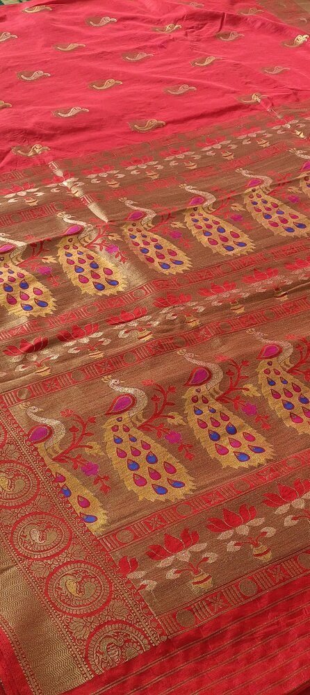 RED PEACOCK BUTTA MOTIFS BANARASI SEMI SILK SAREE