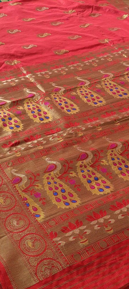 RED PEACOCK BUTTA MOTIFS BANARASI SEMI SILK SAREE