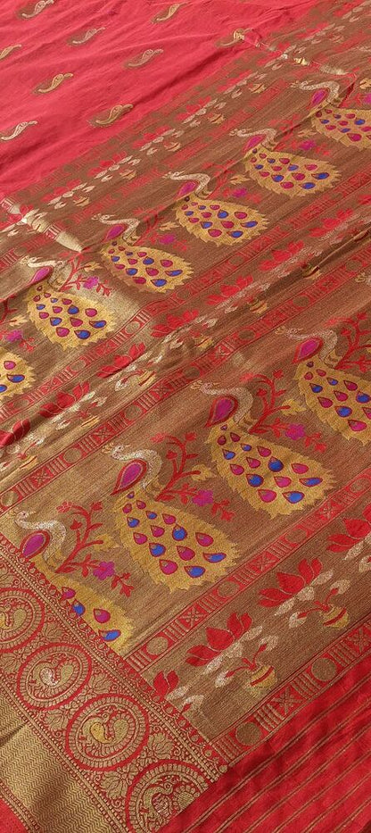 RED PEACOCK BUTTA MOTIFS BANARASI SEMI SILK SAREE