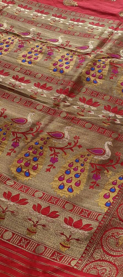 RED PEACOCK BUTTA MOTIFS BANARASI SEMI SILK SAREE