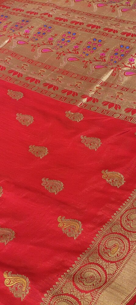 RED PEACOCK BUTTA MOTIFS BANARASI SEMI SILK SAREE