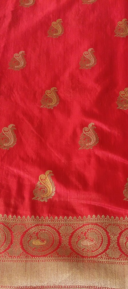 RED PEACOCK BUTTA MOTIFS BANARASI SEMI SILK SAREE