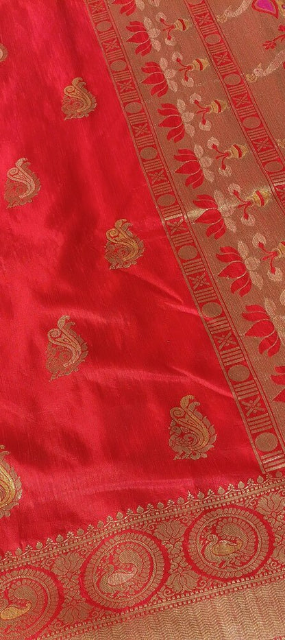 RED PEACOCK BUTTA MOTIFS BANARASI SEMI SILK SAREE