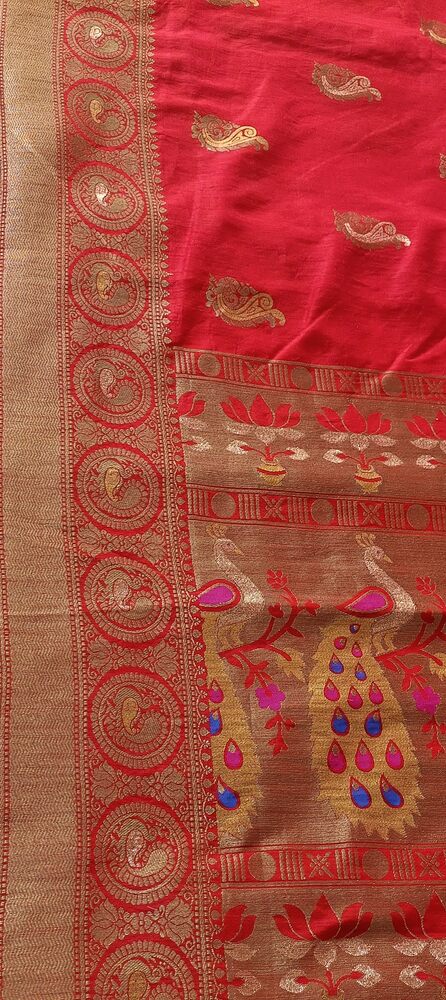 RED PEACOCK BUTTA MOTIFS BANARASI SEMI SILK SAREE