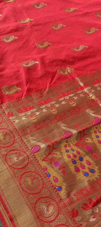 RED PEACOCK BUTTA MOTIFS BANARASI SEMI SILK SAREE