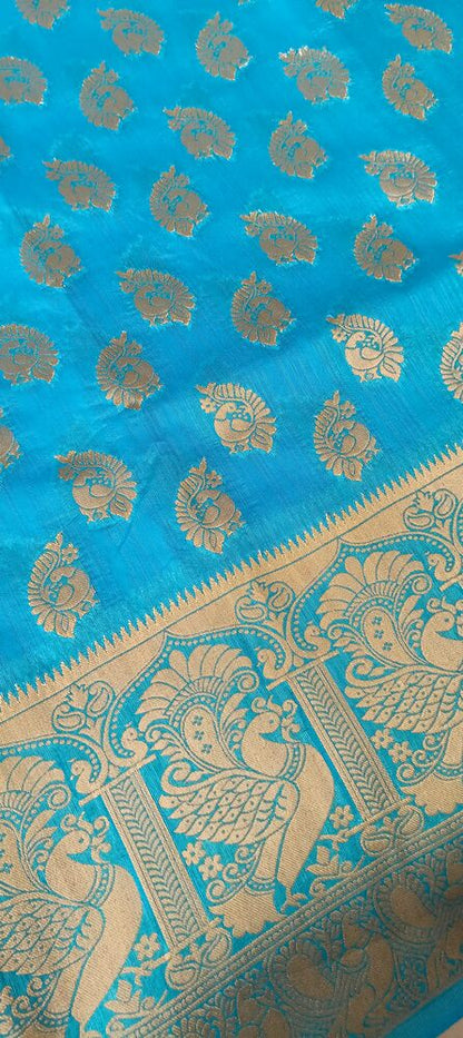 ANANDA BLUE PEACOCK BUTTA MOTIFS BANARASI SEMI SILK SAREE