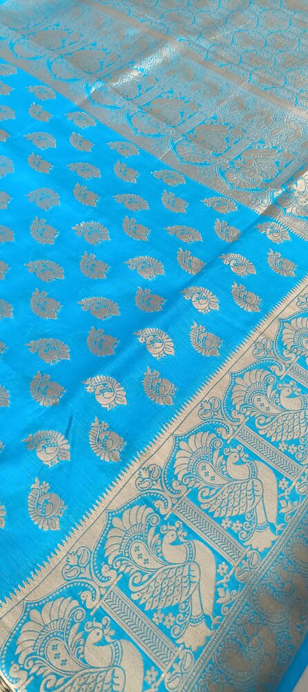 ANANDA BLUE PEACOCK BUTTA MOTIFS BANARASI SEMI SILK SAREE