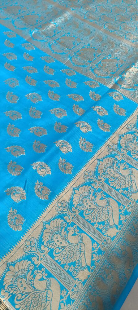 ANANDA BLUE PEACOCK BUTTA MOTIFS BANARASI SEMI SILK SAREE