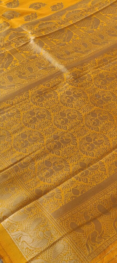 YELLOW PEACOCK BUTTA MOTIFS BANARASI SEMI SILK SAREE