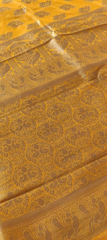 YELLOW PEACOCK BUTTA MOTIFS BANARASI SEMI SILK SAREE