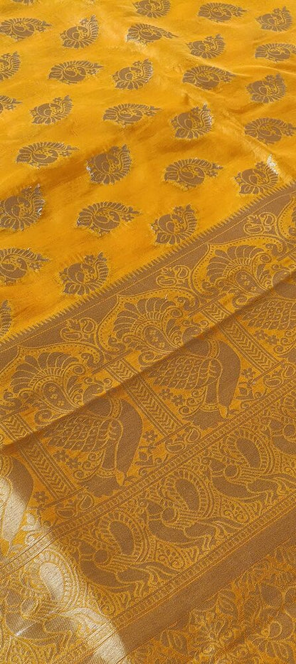 YELLOW PEACOCK BUTTA MOTIFS BANARASI SEMI SILK SAREE