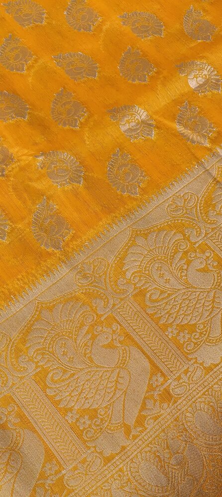 YELLOW PEACOCK BUTTA MOTIFS BANARASI SEMI SILK SAREE