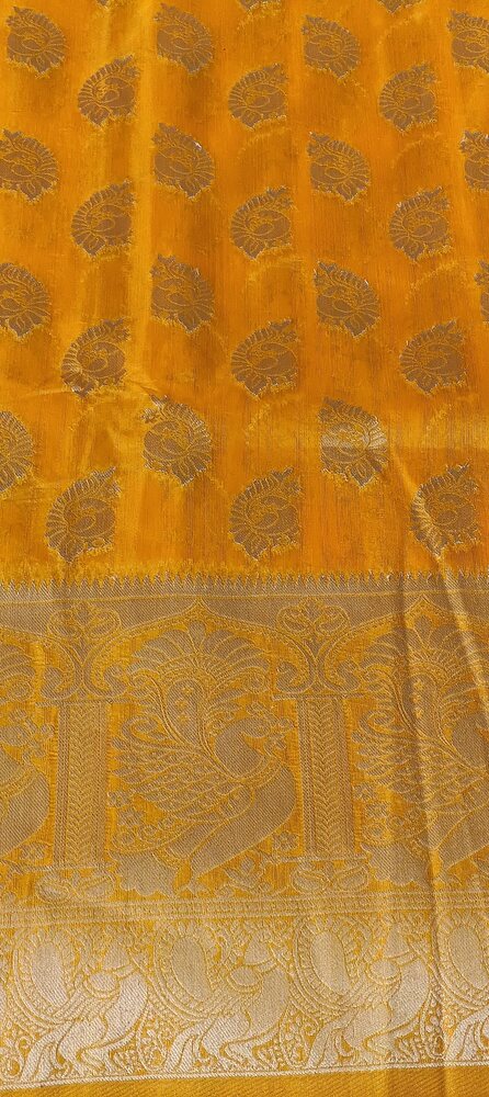 YELLOW PEACOCK BUTTA MOTIFS BANARASI SEMI SILK SAREE