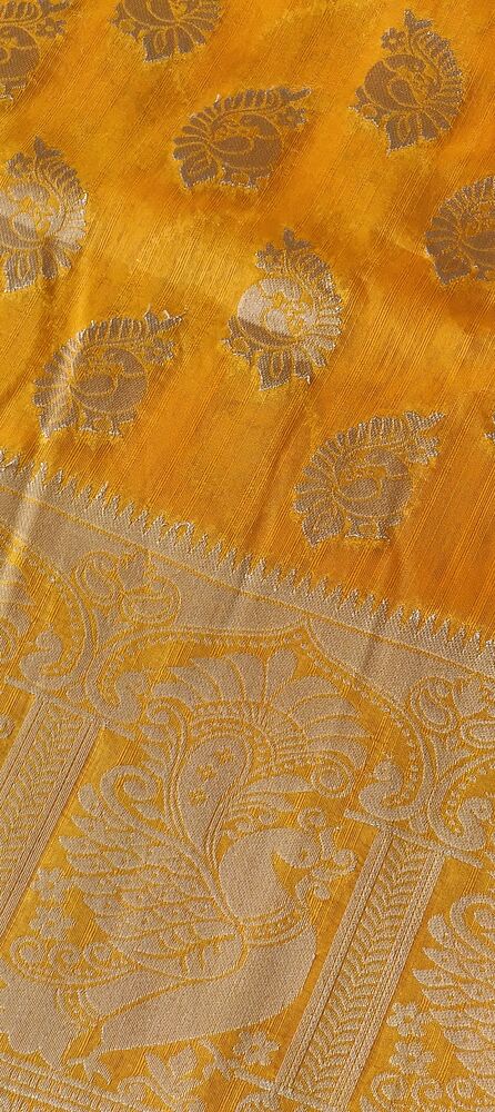 YELLOW PEACOCK BUTTA MOTIFS BANARASI SEMI SILK SAREE